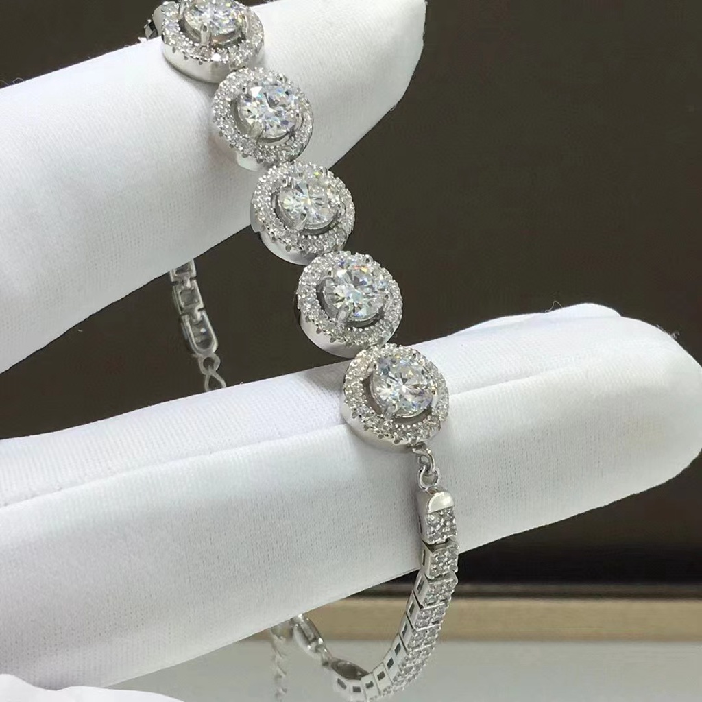 S925 เงินสร้อยข้อมือเคลือบทองสร้อยข้อมือ Moissanite หินหลักรวม 2.5 กะรัตรอบ-Covered Moissanite สร้อย