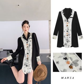 MANSA Black Print Dress เดรสผู้หญิง เดรส แขนยาว อสมมาตร ชุดเกาหลี ชุดสวย เดรสลายดอกไม้