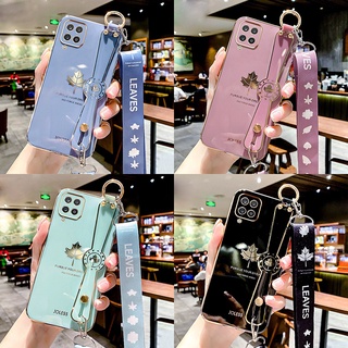 เคสโทรศัพท์มือถือนิ่ม ลายใบเมเปิ้ลน่ารัก 6D พร้อมสายคล้องข้อมือ หรูหรา สําหรับ Samsung Galaxy A12 M12