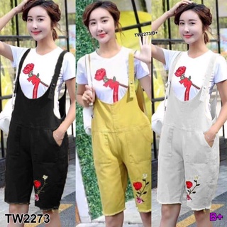 👗Pfashion [ส่งไว!!🚛] P2273 เอี๊ยมกางเกงขาสามส่วน ปักดอกไม้ Bib pants with floral embroidery