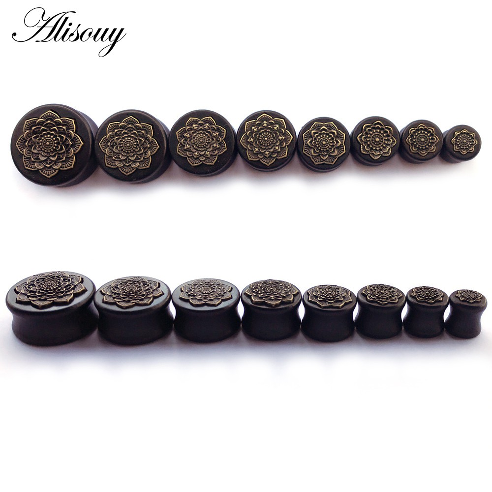 Alisouy สไตล์ใหม่ 2 ชิ้นสีดําไม้ธรรมชาติ Mandala ดอกไม้หูปลั๊กอุโมงค์หู Expanders ต่างหูเครื่องวัดเจาะปลั๊กหูเครื่องประดับ