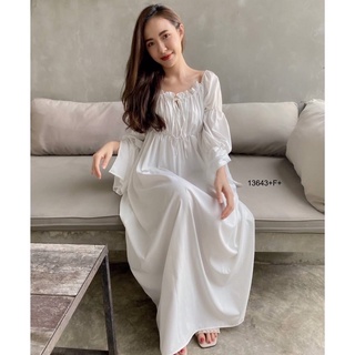 TW13643 Maxi Dress แม็กซี่เดรสยาว แขนจั้ม 2 ชั้น ปลายแขนผ่า สไตล์เจ้าหญิง อกสม็อคมีเชือกผูก เนื้อผ้าไหมอิตาลี่