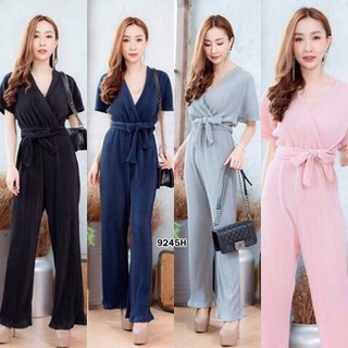 Jumpsuit จั๊มสูทขายาว อกไขว้ แขนค้างคาว ผ้าอัดพลีท เอวสม็อค มีเชือกผูกโบว์