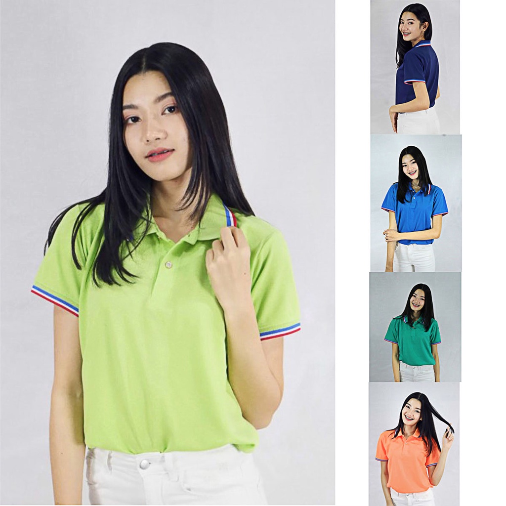 เสื้อโปโลผู้หญิง เข้ารูป ลายธงชาติ ผ้าTKผสมโพลีเอสเตอร์ มี 6 สี มีไซส์ให้เลือก