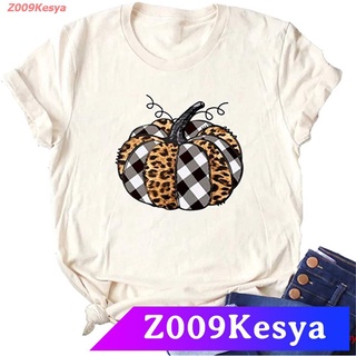 Z009Kesya เสื้อยืดผู้หญิงสีพื้น Karuina Womens Leopard Print Splicing Checkered Pumpkin Pattern Halloween Short Sleeve