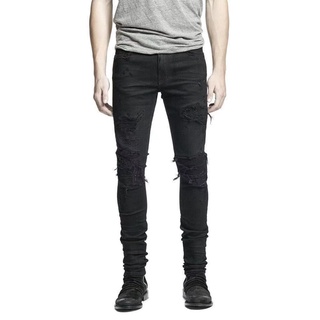 High Street Tide แบรนด์ AMIRI กางเกงยีนส์สีดำผู้ชายมีรอยขีดข่วนกางเกง Patch Elastic Slim Small Feet