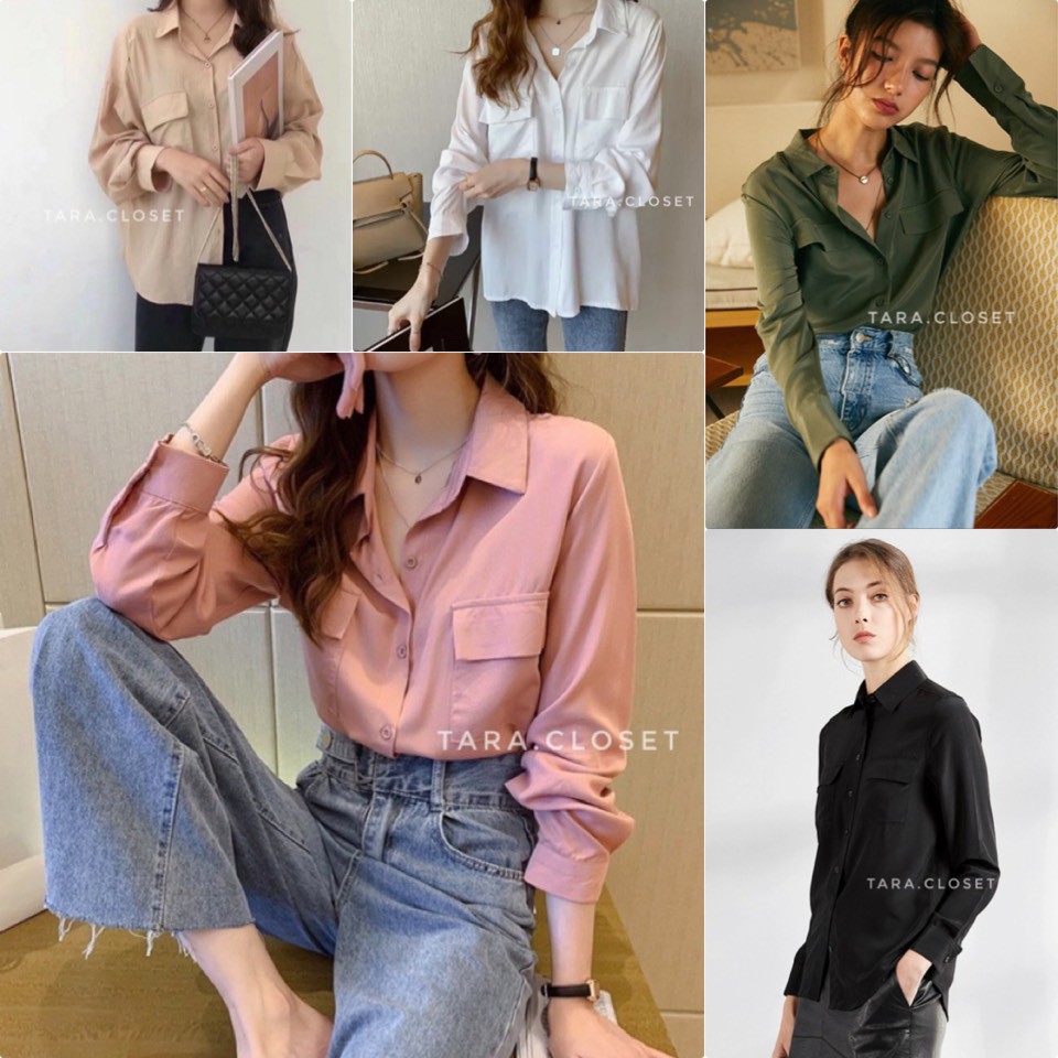 crop แขนยาวVA005 TARA Shirt เสื้อเชิ้ต แขนยาว กระเป๋าคู่ ทรงน่ารักมาก ผ้าปารีส ผ้าดี ใส่สบาย ไม่ร้อน