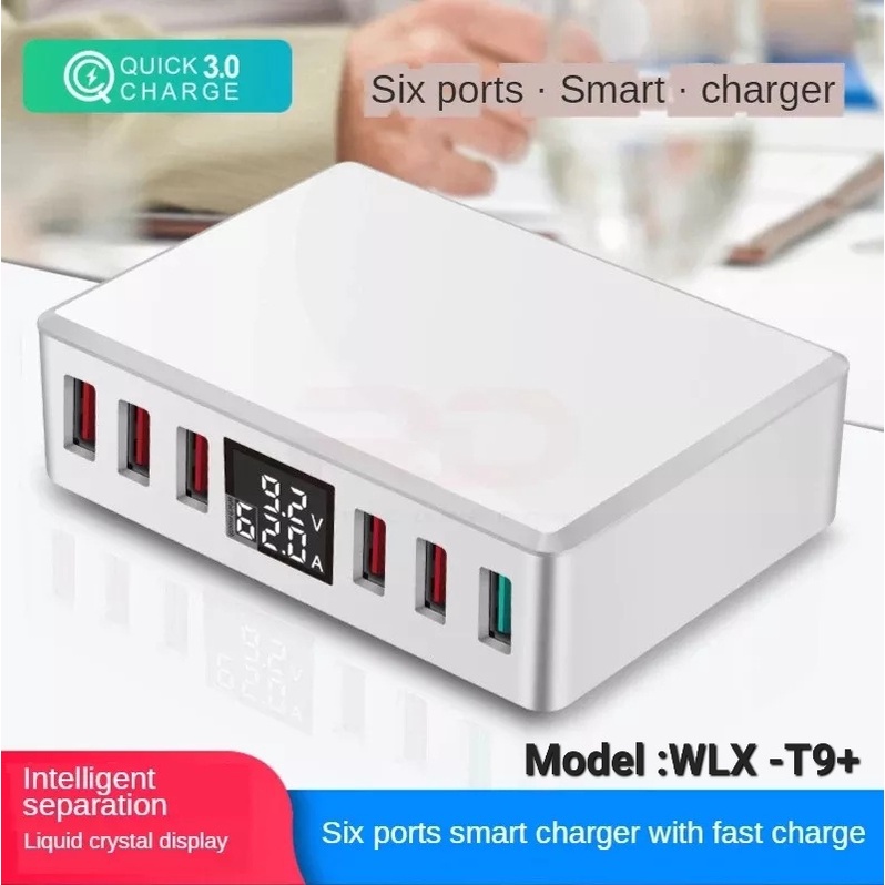 6 Ports USB Charger QC 3.0 Fast Charging Smart LCD Digital Display Multi-Port Travel Charger Station