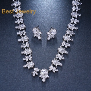 Best Jewelryเซ็ตสร้อยคอต่างหู แบบเพชร CZ เกรด 8A Cubic Zirconia  ต่างหูสร้อยคอชุดสำหรับงานแต่งงานเจ้าสาวชุดแต่งงาน