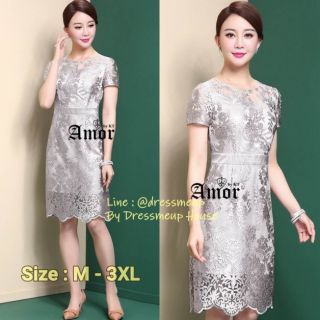 ชุดออกงาน ชุดราตรี ชุดไปงาน ชุดเดรส ชุดคนอ้วน ชุดสีเงิน 216 # ✨✨Amor Glamorous Embroidery Dress✨✨