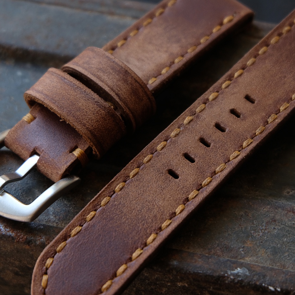 สายนาฬิกาหนังวัวญี่ปุ่น Handmade รุ่น T-160 สายนาฬิกาแนววินเทจ สีน้ำตาล vintage มีเฟดมาในตัว ขนาด 20mm 22mm 24mm