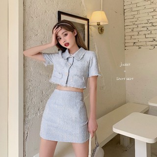Cicishop(9572)ชุดเช็ตเสื้อคอปกแต่กระดุมมุข+กระโปรงทรงเอ ดีเทลผ้าทวีต หรูหราสุดๆ(ขายแยกชิ้น)