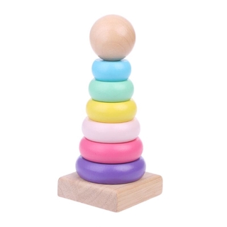 Warm Color Rainbow Stacking Ring Tower Staelring Blocks Wood Toddler Baby Toys Dec17&-*-