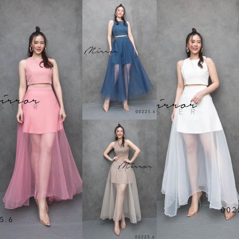 Mirrorsister #00225.6 Setเสื้อครอปแขนกุดคู่กระโปรง ชุดออกงาน ไปงานแต่ง ชุดถ่ายพรีเวดดิ้ง