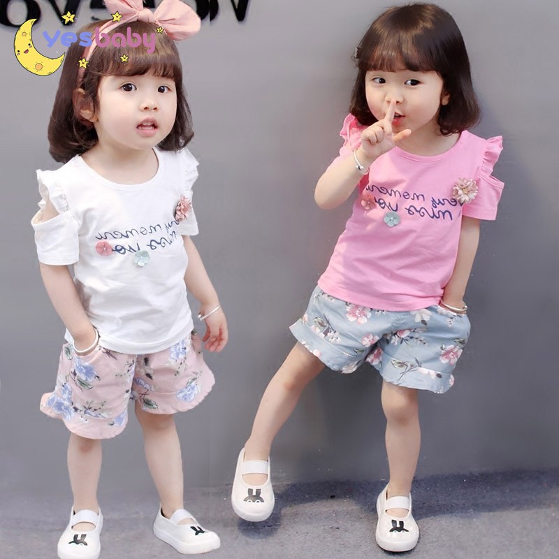 Yesbaby ชุดเสื้อยืดแขนสั้นและกางเกงขาสั้น พิมพ์ลายดอกไม้ สำหรับเด็ก 2 ชิ้น