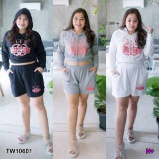 [10601] *สาวอวบ* Set 2 ชิ้น เสื้อครอปแขนยาวมีฮู้ด+ขาสั้น