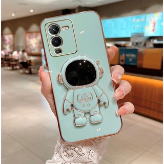 เคสโทรศัพท์มือถือ TPU นิ่ม เคลือบเงา ขอบสี่เหลี่ยม ลายนักบินอวกาศ หรูหรา พร้อมที่ตั้งวาง สําหรับ Vivo V25 5G V25e 2022