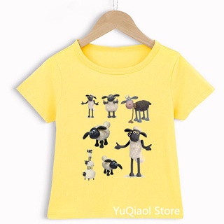 เสื้อยืดลําลอง แขนสั้น พิมพ์ลายแกะ Shaun The Sheep น่ารัก สีเหลือง แฟชั่นฤดูร้อน สําหรับเด็กผู้ชาย และเด็กผู้หญิง