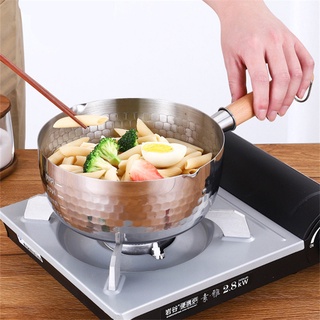 ◙Japanese Non-Stick Frying Pan Saucepan with Wooden Handle Flat Bottom Ramen Noodle Cooking Sauce Milk Pots Home Kitchen