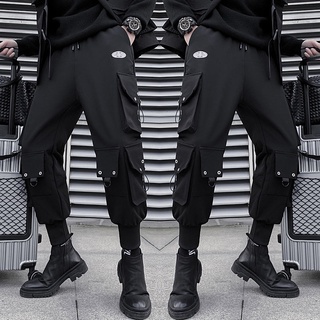 ◑✇หล่อลมทำงานพลหลวมผู้ชายฤดูใบไม้ผลิและฤดูใบไม้ร่วงสีดำ ins น้ำยี่ห้อหลวมตรงสายรัดกางเกงฮาเร็ม