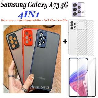 [4IN1] Fro Samsung Galaxy A73 5G A53 5G A33 5G A03 A03S A02S กล่องป้องกันเลนส์กล้อง กันกระแทก เคสโทรศัพท์มือถือ แบบแข็ง ฝาหลังฝ้า + ฟิล์มแข็ง + ฟิล์มด้านหลัง + ฟิล์มเลนส์