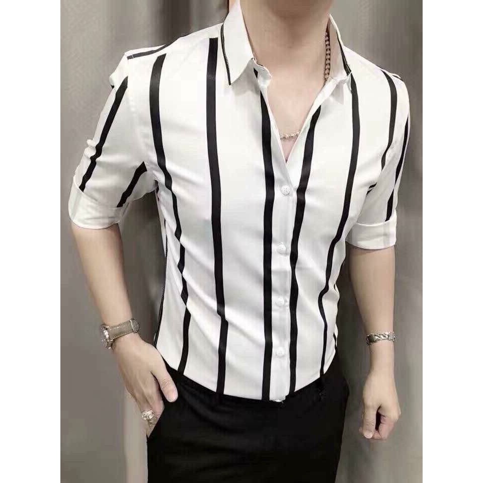MENS LONG-SLEEVE SILK SHIRT WITH LARGE WHITE และ BLACK STRIPED PATTERNS MS 09 MON SHOP (REAL PHOTO)
