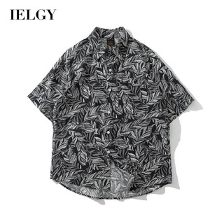 Ielgy เสื้อเชิ้ตแขนสั้น ลายใบไม้ สไตล์ฮาวาย สําหรับผู้ชาย