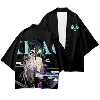 Game Genshin Impact Xiao Japanese Kimono Haori Yukata เสื้อคอสเพลย์แฟชั่นสําหรับผู้ชาย/ผู้หญิงแขนสั้นคอสเพลย์