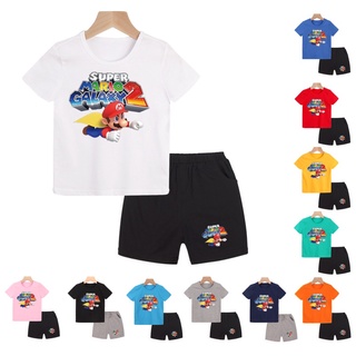 New Super Mario Cartoon Kids Clothing  Cotton Short Sleeve Tshirt And Pants Set  Boys Top&amp;bottom