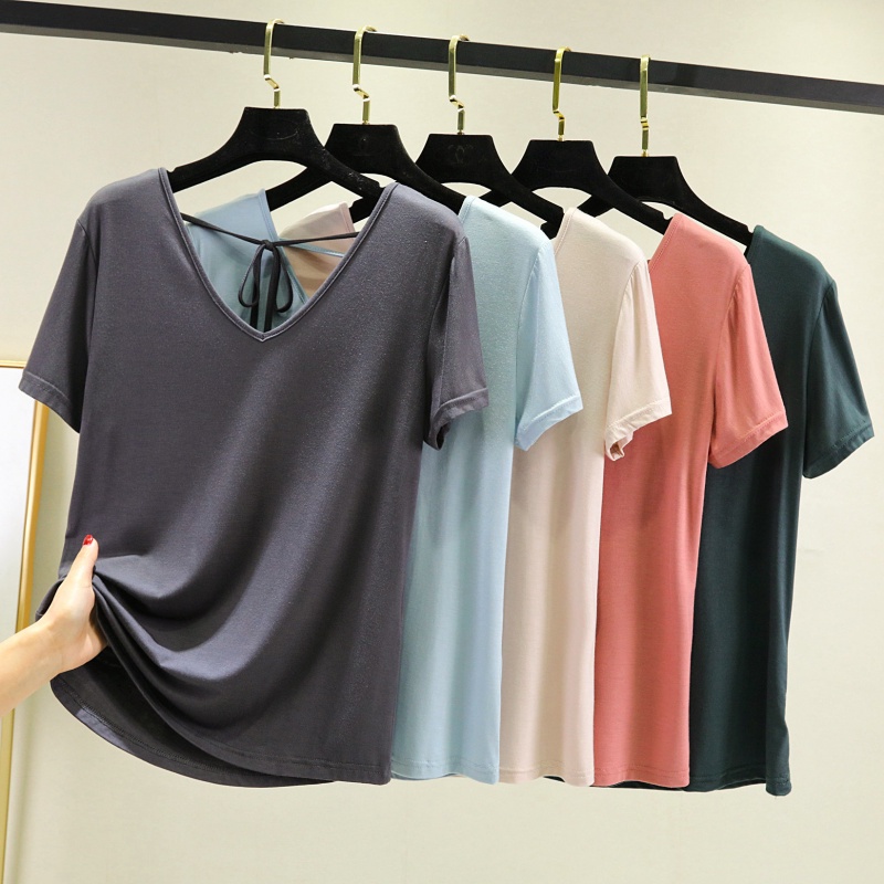 เสื้อยืดแขนสั้น คอวี เปิดหลัง อเนกประสงค์ แบบบาง ขนาดใหญ่ แฟชั่นฤดูร้อน สไตล์เกาหลี สําหรับผู้หญิง