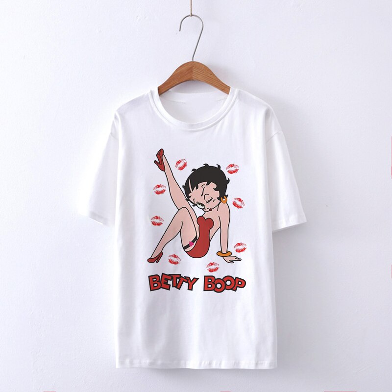 Tee - 2021 แฟชั่นลําลองฤดูร้อน Harajuku Betty BETTY BOOP เสื้อยืดผู้หญิงวินเทจสุนทรียศาสตร์เสื้อยืด