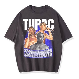 เสื้อยืดผ้าฝ้ายพิมพ์ลายแฟชั่นเสื้อยืดแขนสั้น พิมพ์ลาย TUPAC SHAKUR VINTAGE RAP โอเวอร์ไซซ์ สีเทาเข้ม