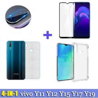 （4in1) VIVO Y11 Y12 Y15 Y17 Y19 four-corner drop-resistant transparent mobile phone case + carbon fiber back film + camera lens film + full-screen tempered film VIVO S1PRO V15