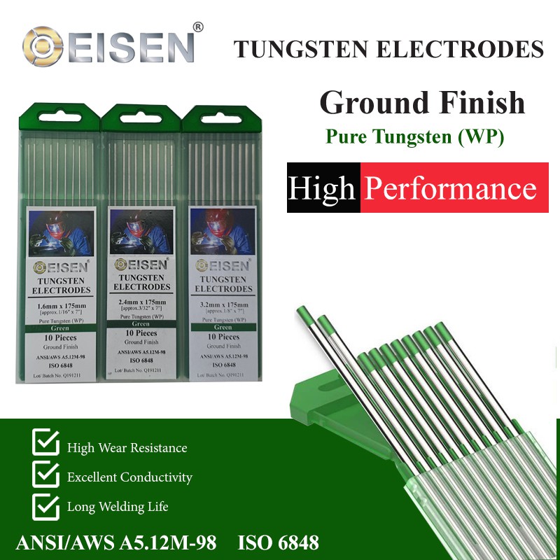 ลวดเชื่อมทังสเตนสีเขียว WP (Pure Tungsten) 10 แท่ง/กล่อง