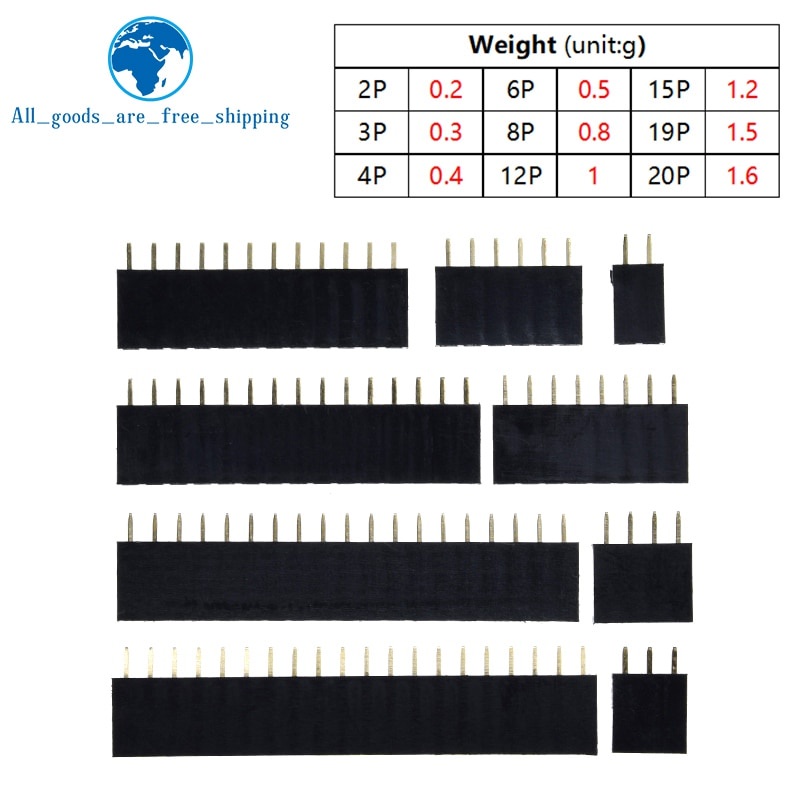 10pcs เดี่ยวแถว Pin หญิง Header ซ็อกเก็ต Pitch 2.54 มม.1*2P 3P 4P 6P 8P 12P 15P 20P 40P Pin Connector สําหรับ Arduino