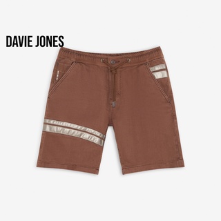 DAVIE JONES กางเกงขาสั้น ผู้ชาย เอวยางยืด สีน้ำตาล คาดหนังทอง Elasticated Shorts in navy SH0009BR