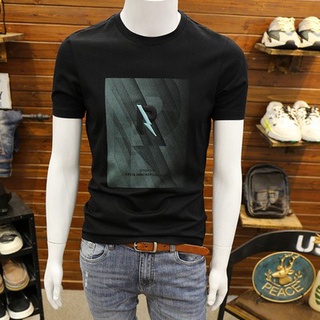 ✟♦✘⊕♙European men s mercerized cotton short-sleeved t-shirt embroidered printed pattern summer clothes letter personalit