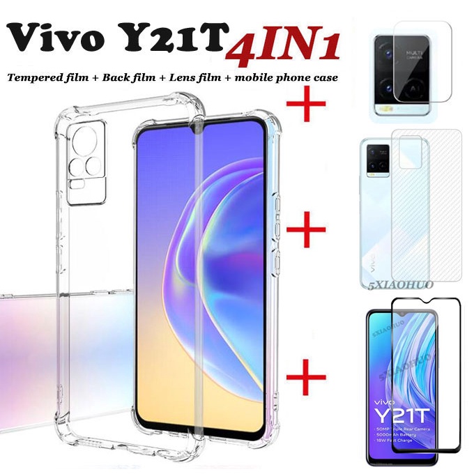 (4in1) เคสโทรศัพท์มือถือแบบใส กันกระแทกสี่มุม 1.5 มม. กระจกนิรภัย ฟิล์มคาร์บอนไฟเบอร์ และกล้อง สําหรับ Vivo Y21T Y21 Y76 Y15A Y15S Y21T