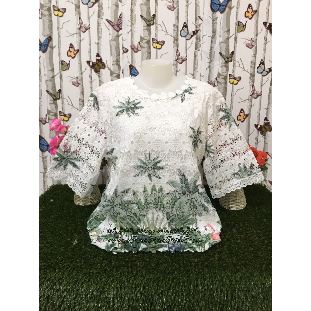 เสื้อลูกไม้ เสื้อผ้าสาวอวบ ลายดอก อก46นิ้ว คอกลม แขนสามส่วน รุ่น4605-0-พิมพ์ลาย