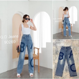 G.D.Jeans รุ่น  90269#กางเกงยีนส์แฟชั่นขายาวผ้าด้านทรงบอยขาม้าเอวสูงอัดลายABCแบบเก๋ๆฟอกสีสนิม