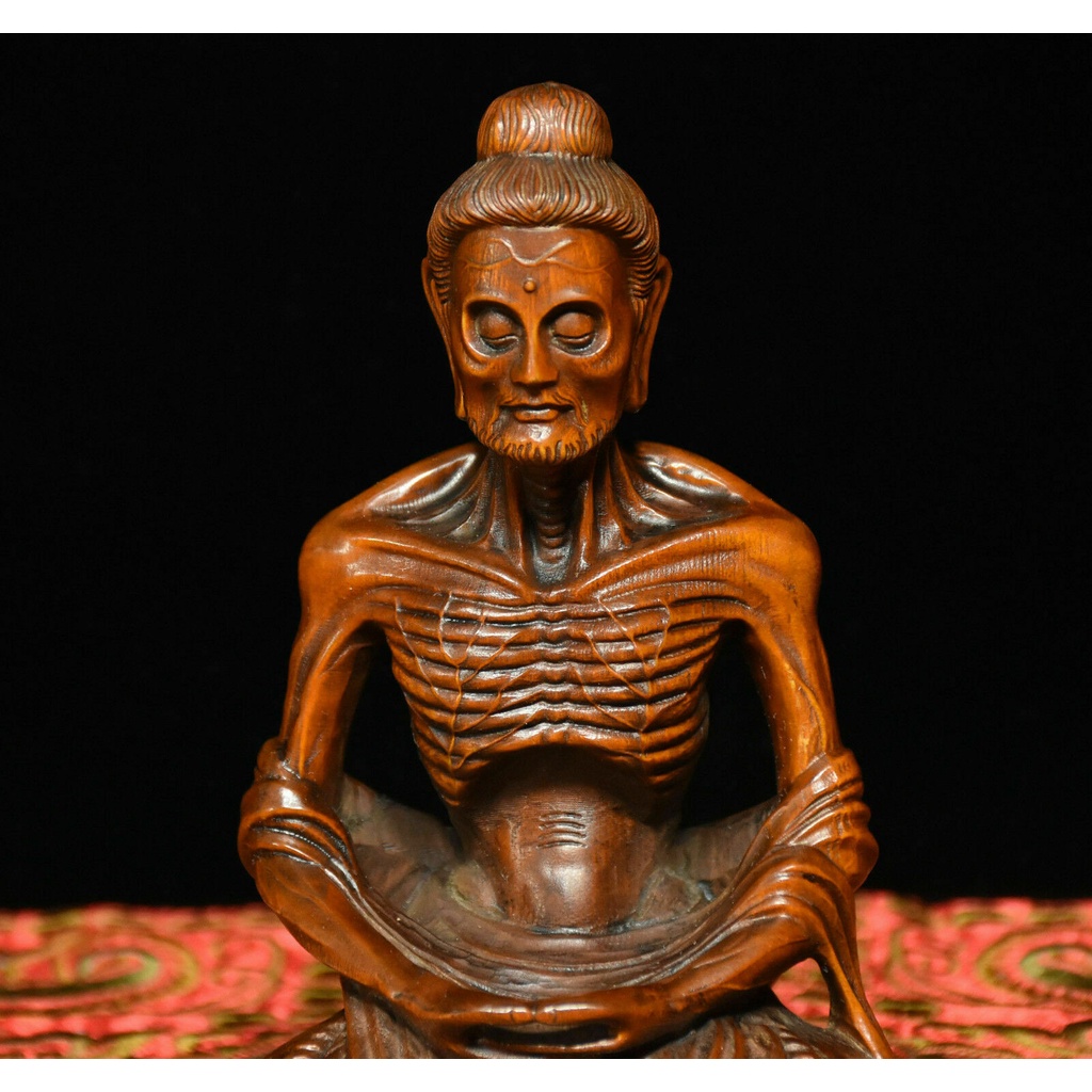 ☏Chinese Buddhism Boxwood Wood Carving Skinny Arhat ascetic monk Buddha Statue