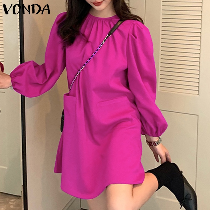 Vonda ชุดเดรสสั้น แขนยาว ลําลอง ทรงหลวม สไตล์เกาหลี สําหรับผู้หญิง