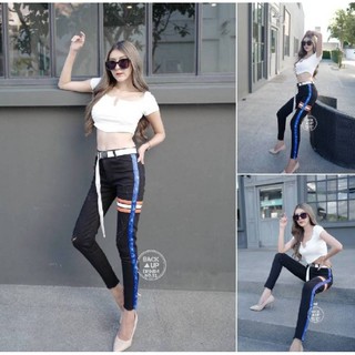 Back UP Jeans  รหัสสินค้า BU-52 กางเกงยีนส์ทรงสกินนี่สีดำแต่งขาดฟอกสีแต่งแถบข้างลายกราฟฟิก