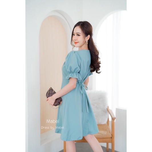 C72เดรสคอเหลี่ยม แขนตุ๊กตาติดกระดุมมุข ชายกระโปรงบานมีสายผูกเอว แบบน่ารักมาก - รูปที่ 6