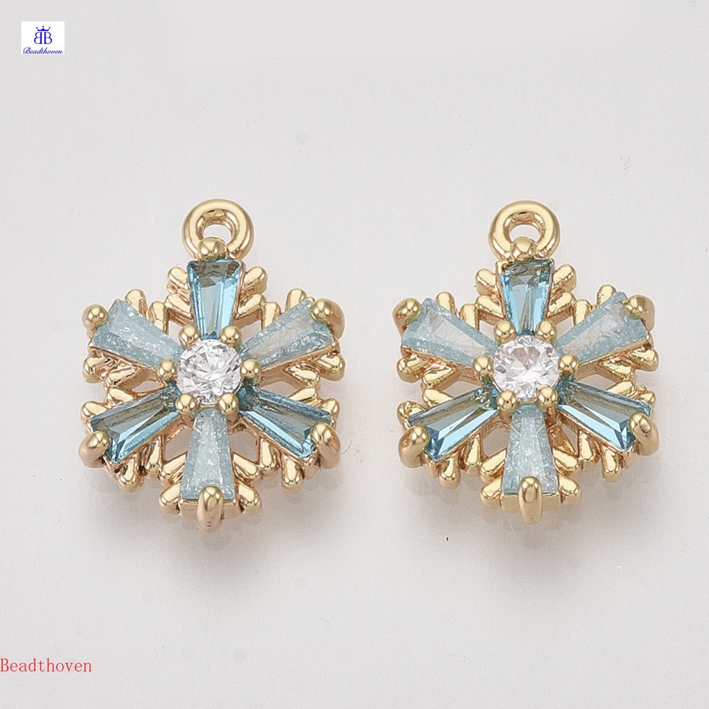Beadthoven เกล็ดหิมะทองเหลือง Cubic Zirconia 1-5 ชิ้นและนิกเกิลใส 18K ชุบทอง 13X11X3 มม. 1 มม