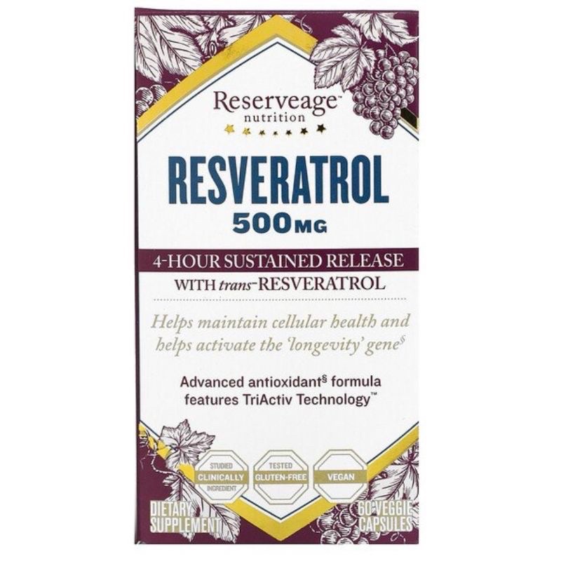 Reserveage Nutrition, Resveratrol, 500 mg, 30,60 Veggie Capsules (กล่องขาวม่วง)