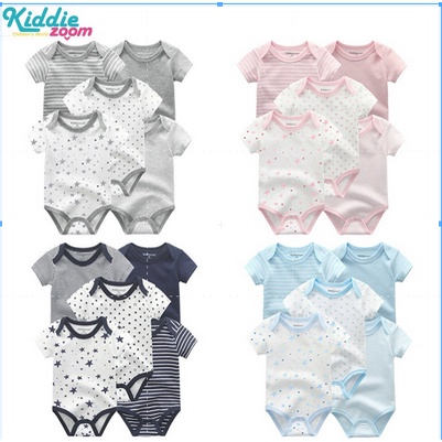 Kiddiezoom ชุดละ 5 ชิ้น จุด ทารก จั๊มสูท ผ้าฝ้ายบริสุทธิ์ สีทึบ ชุดคลาน เด็กแรกเกิด 0-12 มเด็กชายสาว