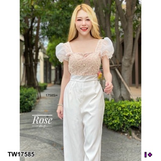 PP17585 Jumpsuit จั้มสูทอกลูกไม้แขนพองขายาว