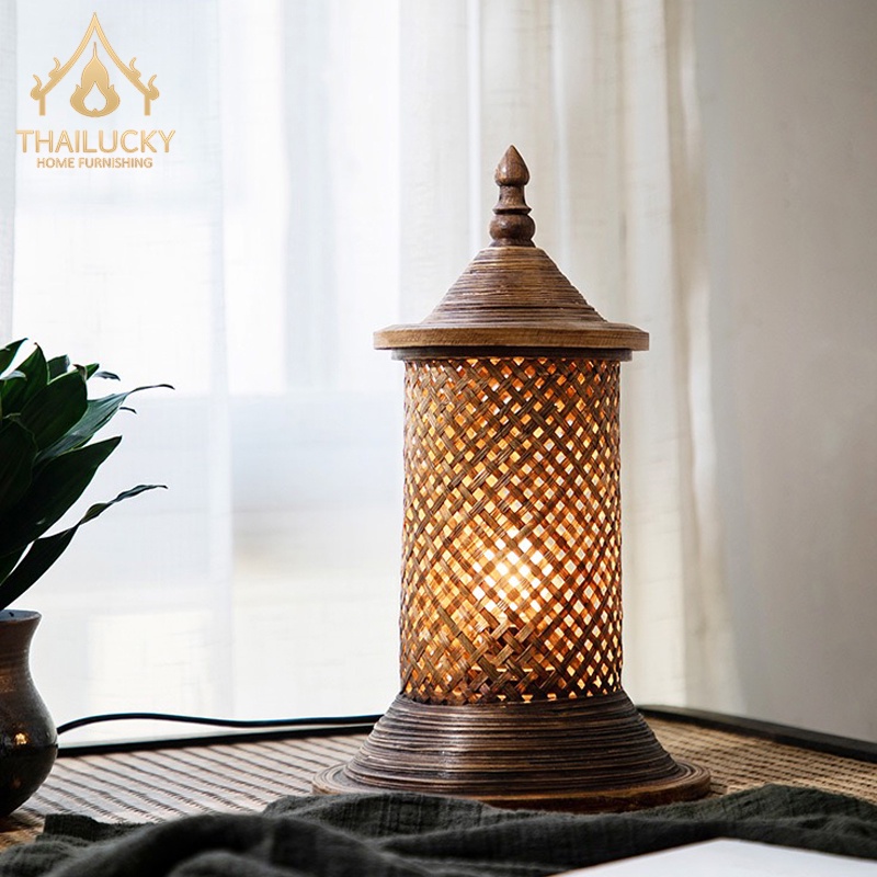 โคมไฟไม้ไผ่สานตั้งโต๊ะหัวเตียง Bamboo lamp ทรงระฆัง วัสดุธรรมชาติ แถมหลอดไฟทุกชิ้น