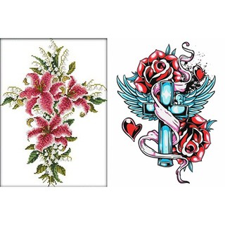 ชุดปักครอสติช ไม้กางเขน ดอกกุหลาบ ดอกลิลลี่ (Flower &amp; Cross Cross stitch kit)